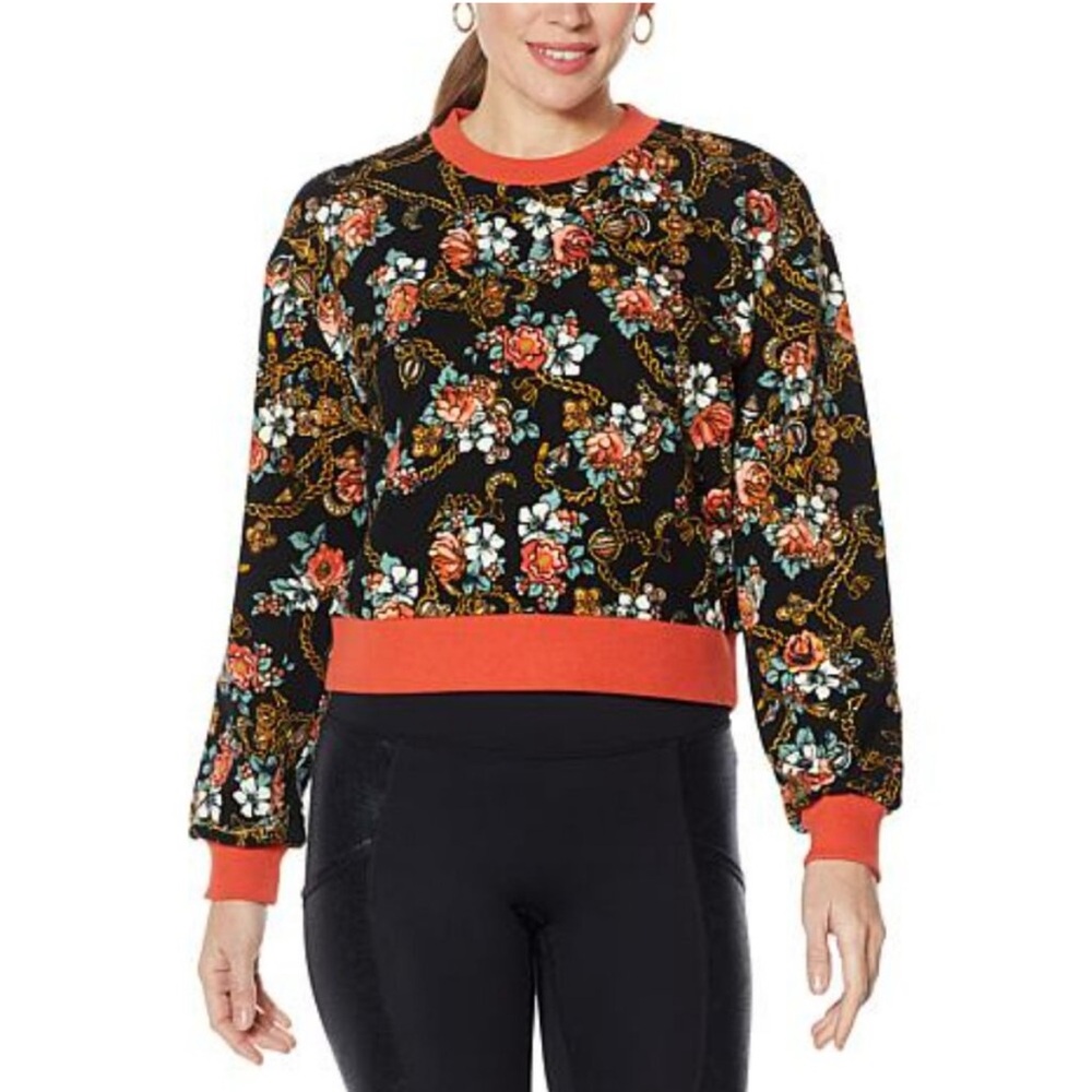 NWT Floral Long Sleeve Floral Sweatshirt Pullover Black/Coral